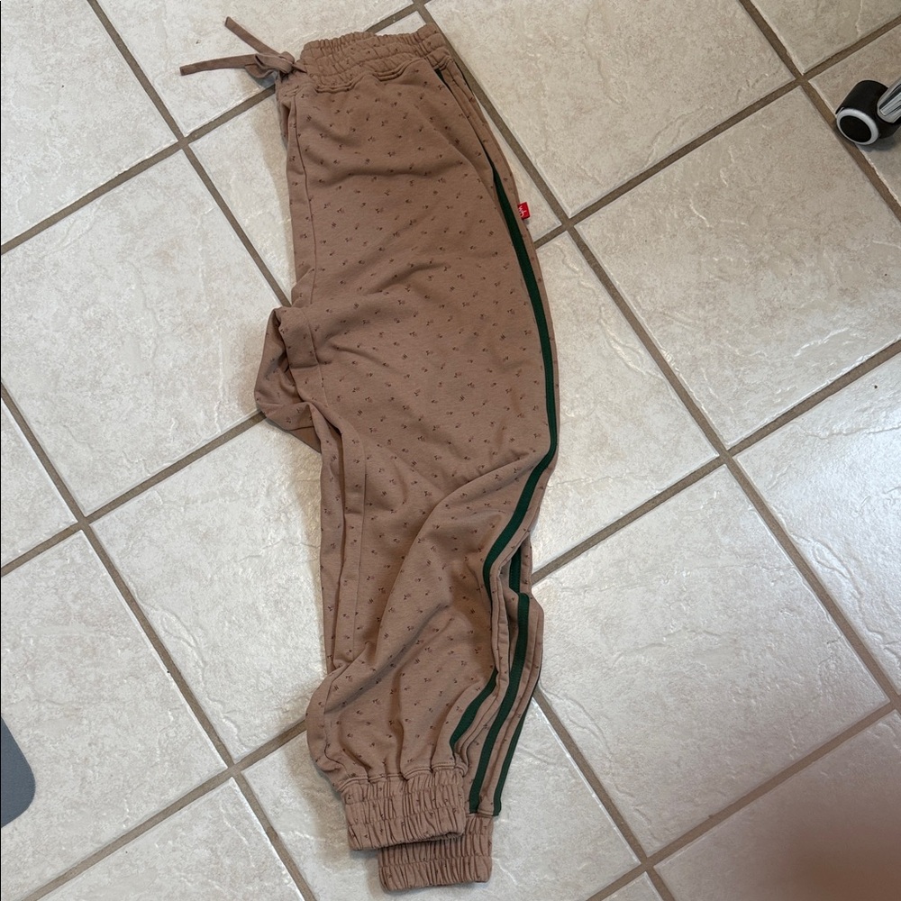 White Birch Tan Jogger Pants with Green Stripe